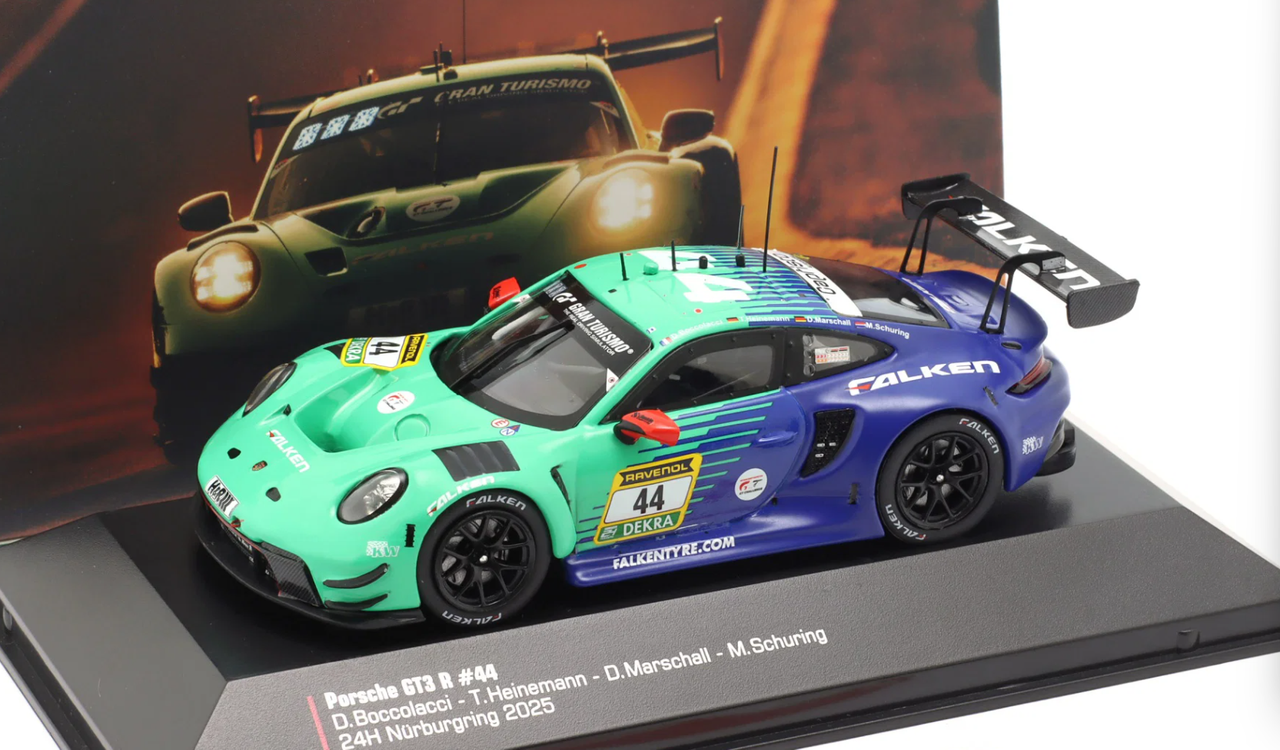 1/43 Ixo 2025 Porsche 911 GT3 R #44 24h Nürburgring Falken Motorsports Dorian Boccolacci, Tim Heinemann, Dennis Marschall, Morris Schuring Car Model