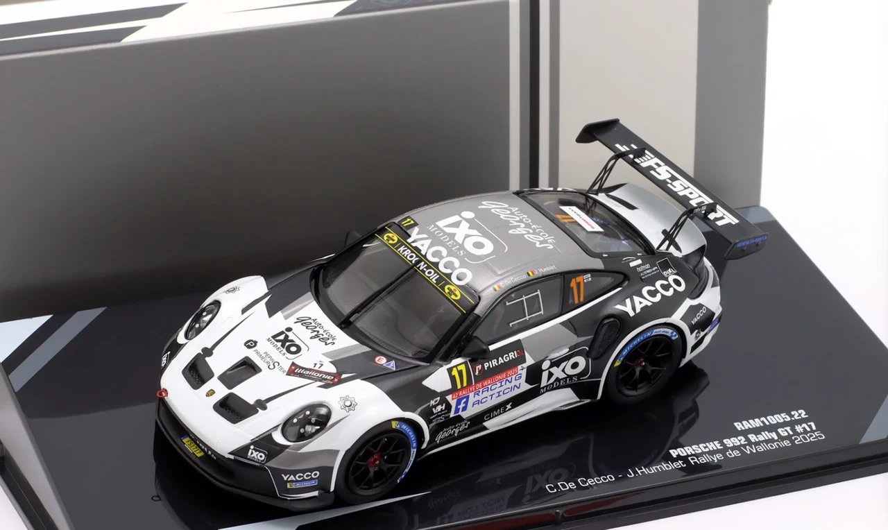 1/43 Ixo 2025 Porsche 911 (992) Rally GT #17 Rallye de Wallonie Ecurie Hesbaye Cédric De Cecco, Jérome Humblet Diecast Car Model