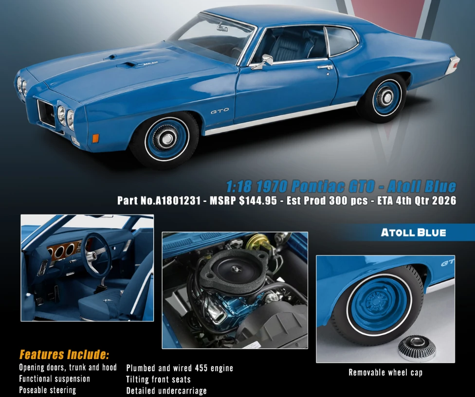 1/18 ACME 1970 Pontiac GTO Hard Top (Atoll Blue) Diecast Car Model