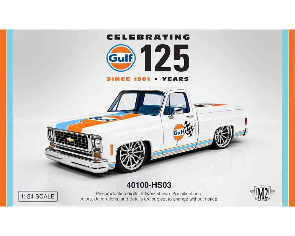 1/24 M2 Machines 1973 Chevrolet Custom Deluxe 10 CELEBRATING 125 YEARS GULF Diecast Car Model