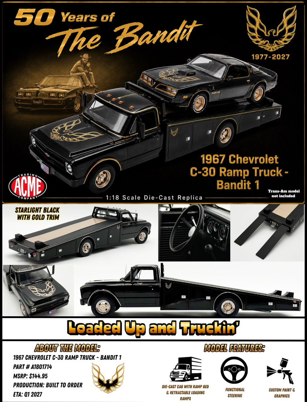 1/18 ACME 1967 Chevrolet C-30 Ramp Truck Bandit 1 Diecast Car Model (Towed Car NOT Included)