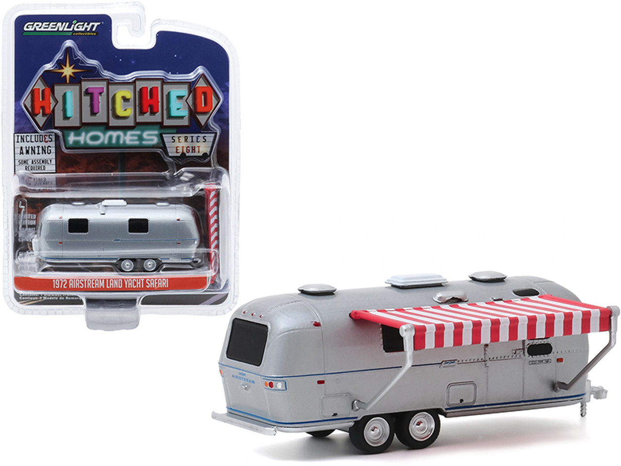 1972 Airstream Double-Axle Land Yacht Safari Travel Trailer Silver with Red and White Awning "Hitched Homes" Series 8 1/64 Diecast Model by Greenlight