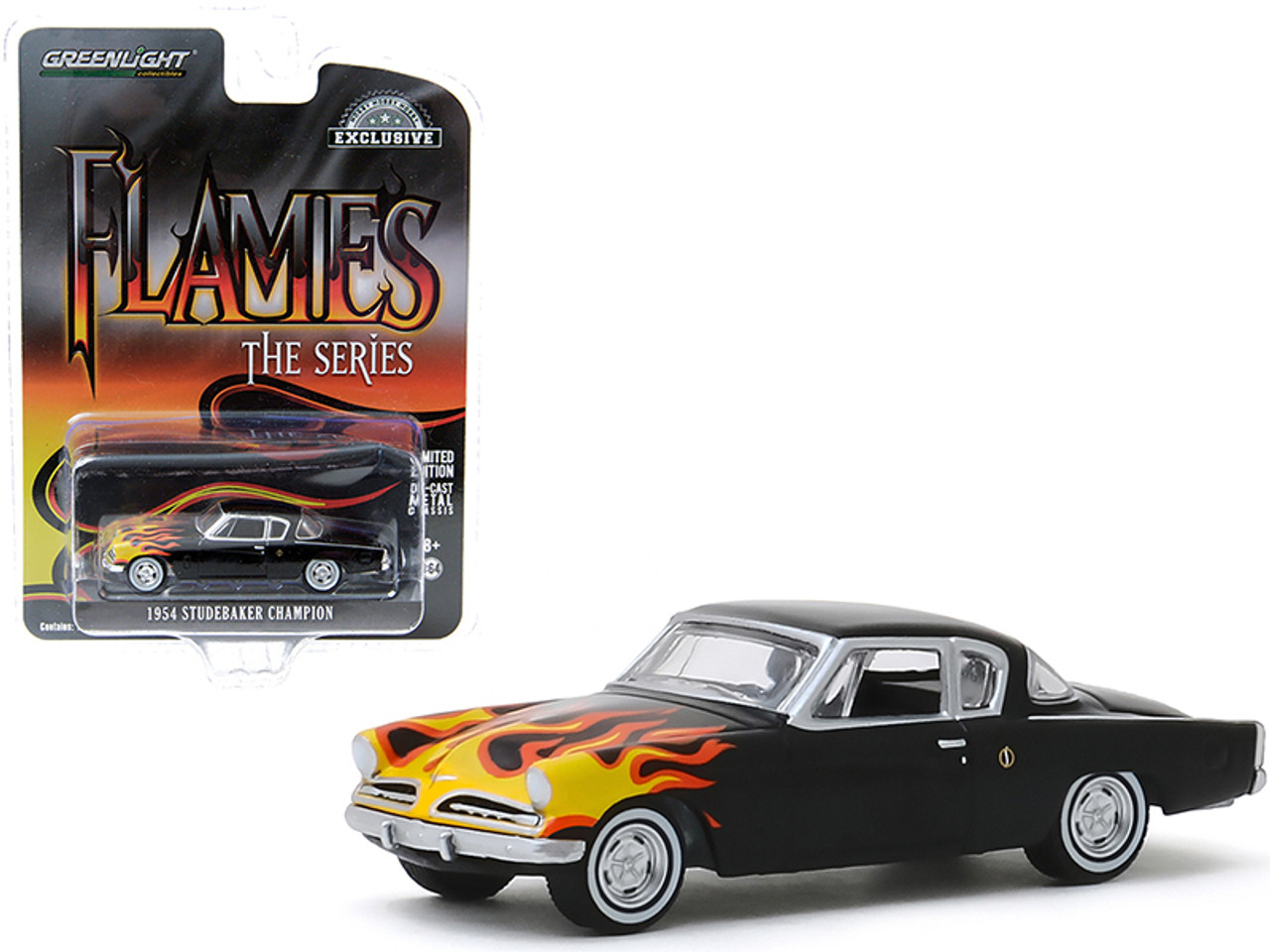 1954 Studebaker Champion Black with Flames "Flames The Series" "Hobby Exclusive" 1/64 Diecast Model Car by Greenlight