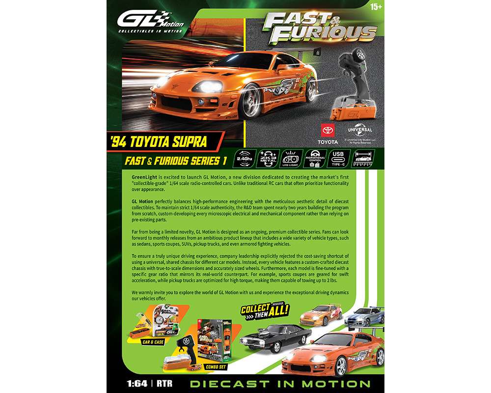 1/64 Greenlight 1994 Toyota Supra JZA80 T-top Fast & FuriousBrian's Supra Remote Control Car