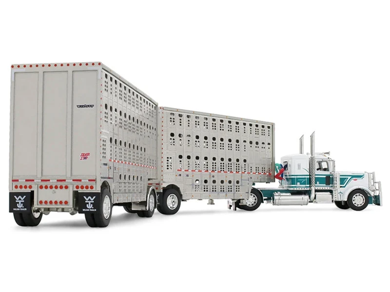 1/64 First Gear Peterbilt® Model 389 (White & Dark Teal Blue) with 36” Flat Top Sleeper & 28’ Wilson® Silverstar® Double Livestock Trailers Diecast Car Model