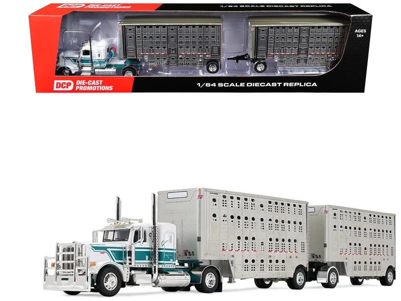 1/64 First Gear Peterbilt® Model 389 (White & Dark Teal Blue) with 36” Flat Top Sleeper & 28’ Wilson® Silverstar® Double Livestock Trailers Diecast Car Model