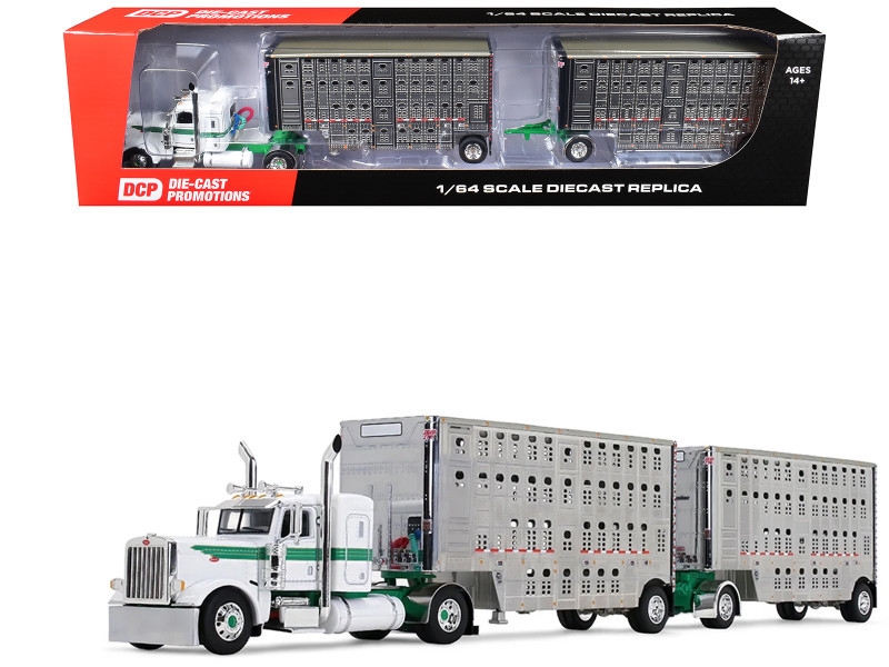 1/64 First Gear Peterbilt® Model 389 (White & Green) with 36” Flat Top Sleeper & 28’ Wilson® Silverstar®  Double Livestock Trailers Diecast Car Model