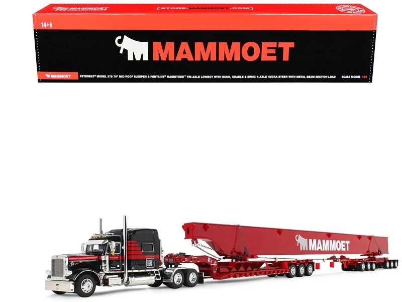 1/64 First Gear Peterbilt® Model 379 with 70” Mid-Roof Sleeper & Fontaine® Magnitude™ Lowboy   with Bunk & ERMC 6-Axle Hydra Steer with Bridge Beam Section Load Mammoet New Beam Load Diecast Car Model