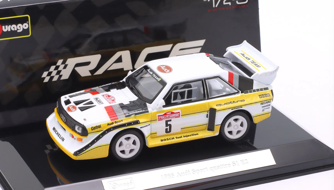1/43 BBurago 1985 Audi Sport Quattro S1 E2 #5 Winner Rallye SanRemo Walter Röhrl, Christian Geistdörfer Diecast Car Model