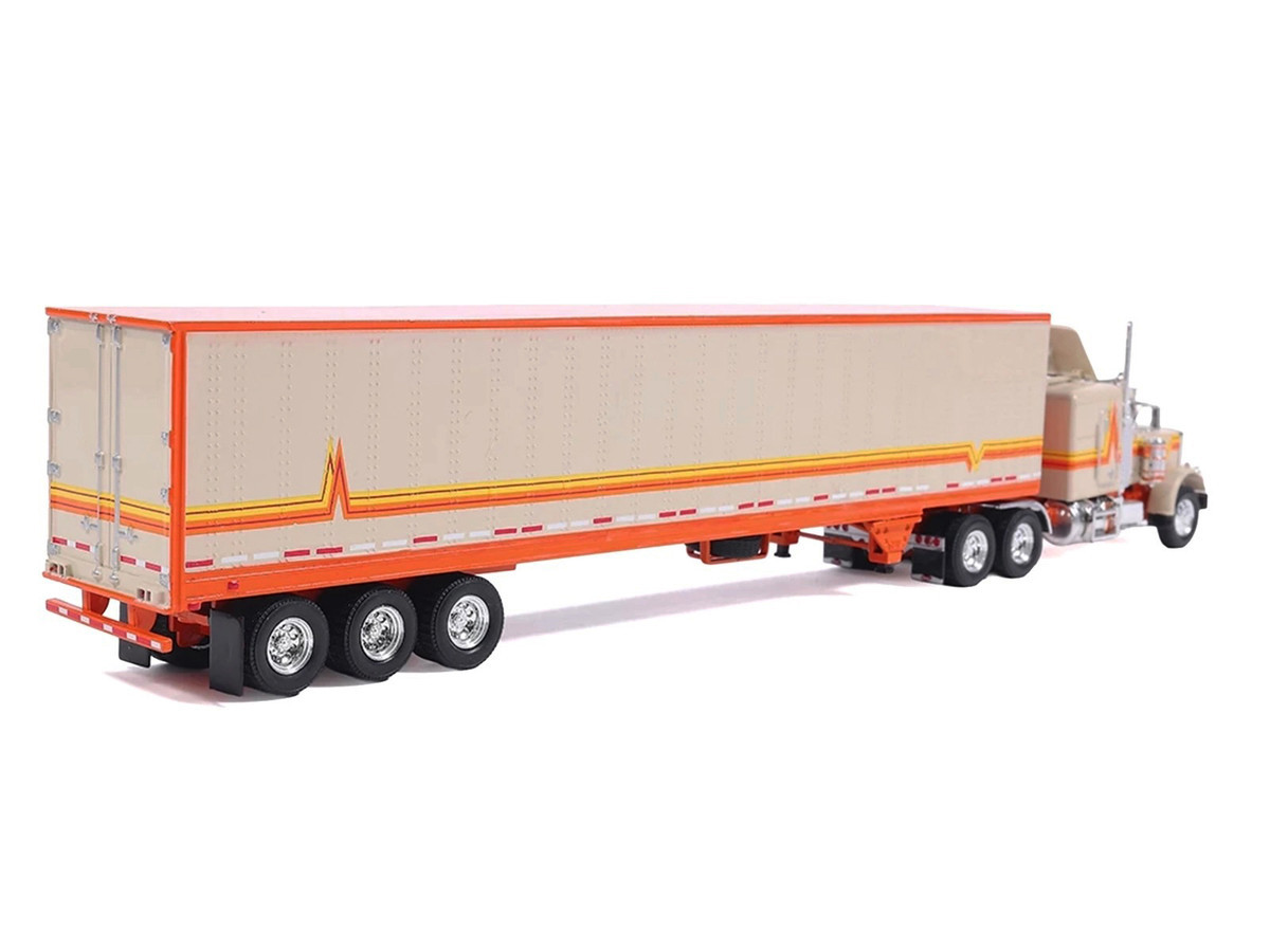 1/64 Ixo 1973 Peterbilt 359 Truck Tractor with Sleeper Cab Cream with Orange and Yellow Stripes & Refrigerate Modern Trailer Diecast Car Model