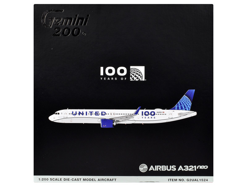 Airbus A321neo Commercial Aircraft "United Airlines 100th Anniversary" (N44550) White with Blue Tail "Gemini 200" Series 1/200 Diecast Model Airplane by GeminiJets