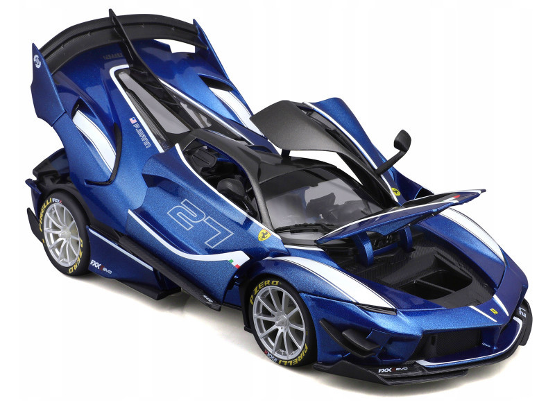 Ferrari FXX-K Evo #27 Blue Metallic with White Accents and Gray Metallic Top "Race + Play" Series 1/18 Diecast Model Car by Bburago