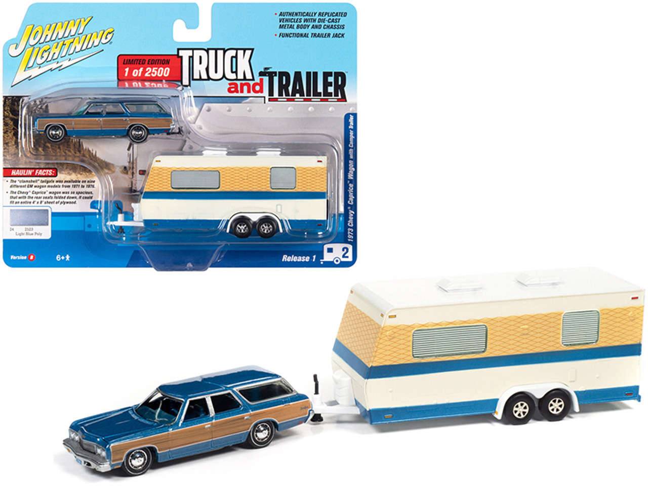 1973 Chevrolet Caprice Wagon Blue Metallic with Wood Paneling with Camper Trailer Limited Edition to 2500 pieces Worldwide "Truck and Trailer" Series 1 1/64 Diecast Model Car by Johnny Lightning
