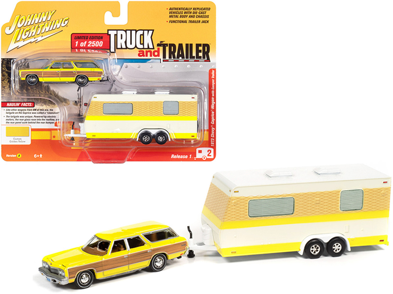 1973 Chevrolet Caprice Wagon Custom Golden Yellow with Wood Paneling with Camper Trailer Limited Edition to 2500 pieces Worldwide "Truck and Trailer" Series 1 1/64 Diecast Model Car by Johnny Lightning