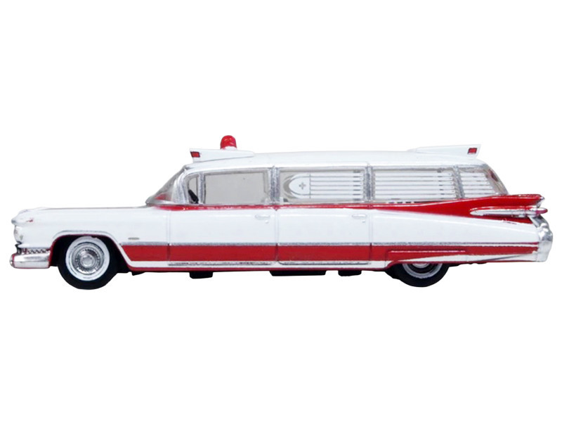 1959 Cadillac Miller-Meteor Ambulance Red and White 1/100 Scale Diecast Model Car by Oxford Diecast