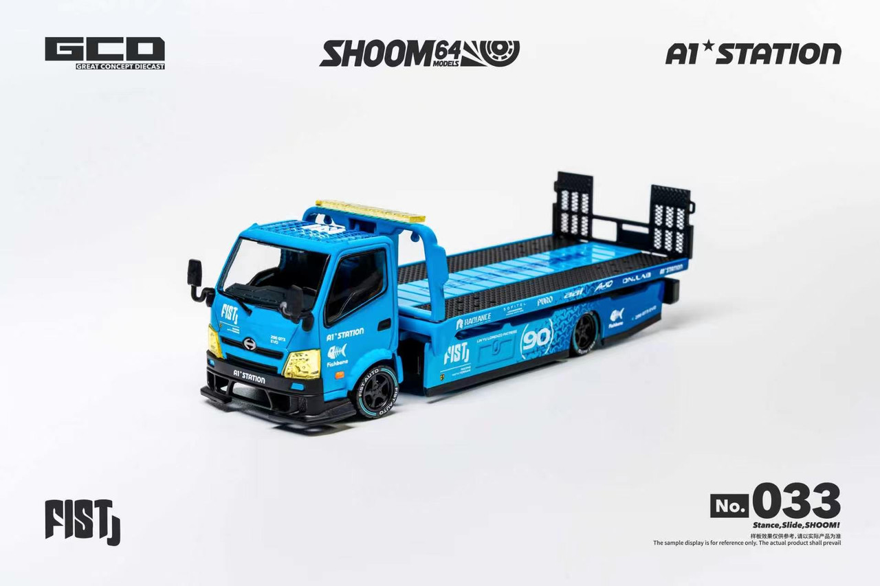 1/64 Shoom64 Hino 300 Custom Drop-Bed Car Carrier Fist Livery (Blue) Diecast Car Model