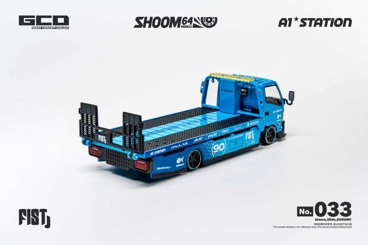 1/64 Shoom64 Hino 300 Custom Drop-Bed Car Carrier Fist Livery (Blue) Diecast Car Model