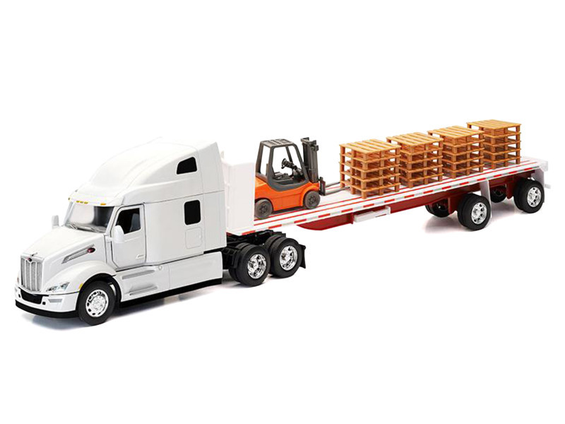 Peterbilt 579 Truck White with Flatbed Trailer White and Load of Forklift and Pallets "Long Haul Truckers" Series 1/32 Diecast Model by New Ray