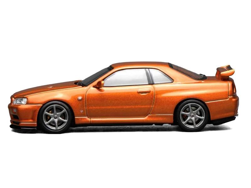 Nissan Skyline GT-R (R34) V-Spec II RHD (Right Hand Drive) Orange Metallic "Senior 64" Series 1/64 Diecast Model Car by MotorHelix