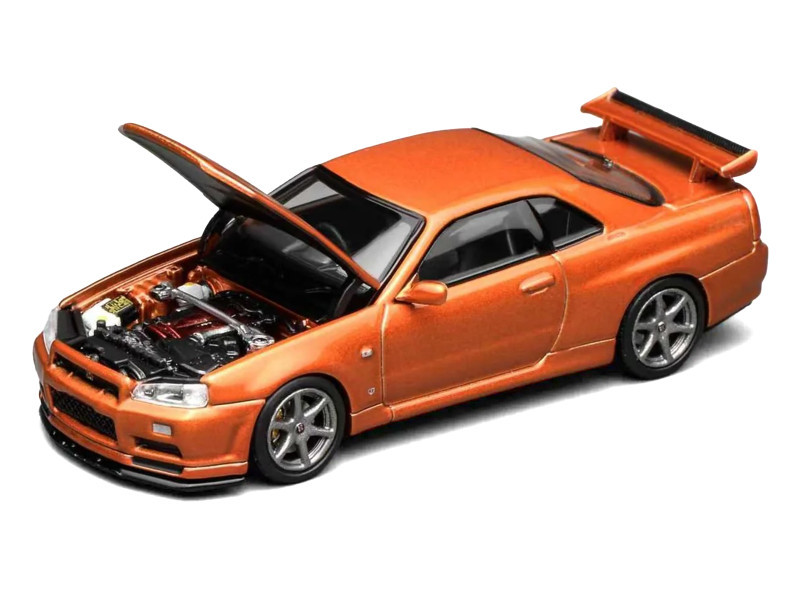 Nissan Skyline GT-R (R34) V-Spec II RHD (Right Hand Drive) Orange Metallic "Senior 64" Series 1/64 Diecast Model Car by MotorHelix
