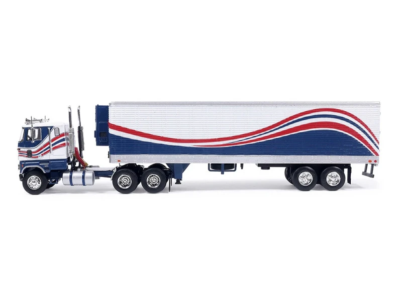 1976 Ford CL 9000 Truck with Refrigerated Trailer Blue and White with Stripes 1/64 Diecast Model Car by IXO Models