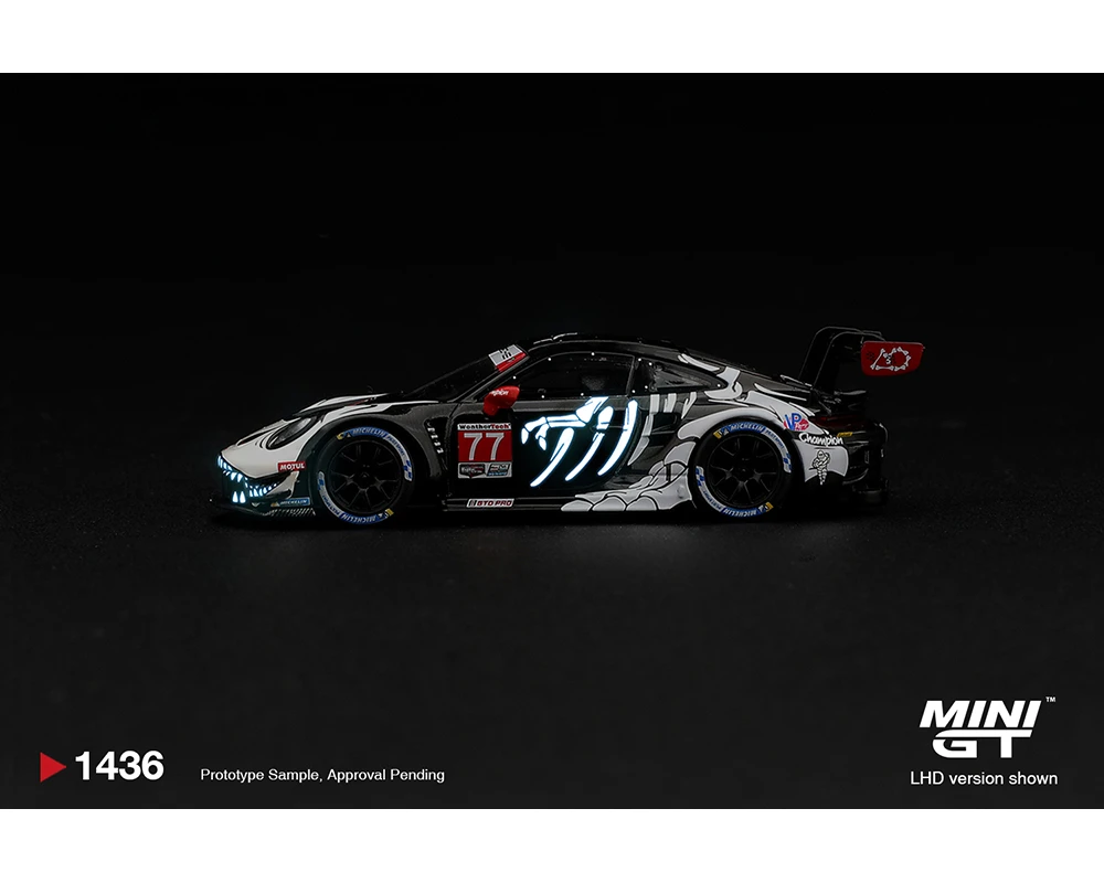 1/64 Mini GT 2026 Porsche 911 GT3 R (992) #77 AO Racing “Skeleton Rexy” 2026 IMSA Petit Le Mans (GLOW IN THE DARK)  Car Model