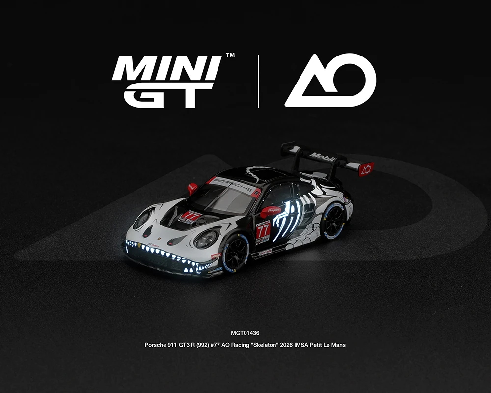 1/64 Mini GT 2026 Porsche 911 GT3 R (992) #77 AO Racing “Skeleton Rexy” 2026 IMSA Petit Le Mans (GLOW IN THE DARK)  Car Model