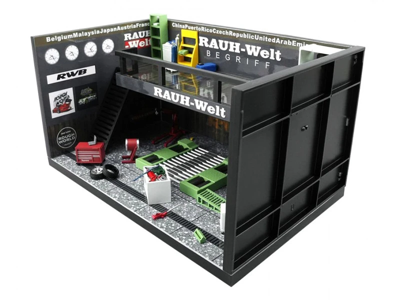 "RWB" Garage Diorama Black with Accessories 1/64 Model by MotorHelix