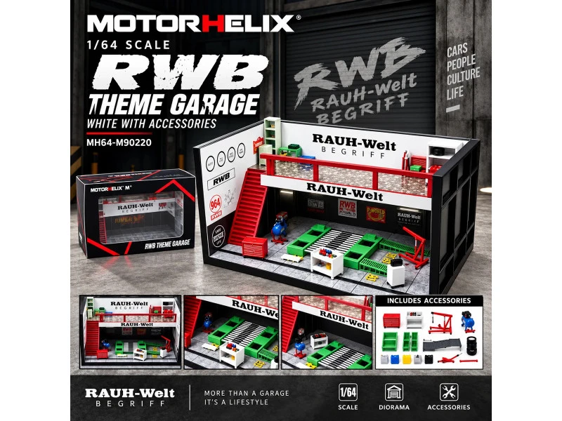 "RWB" Garage Diorama White with Accessories 1/64 Model by MotorHelix