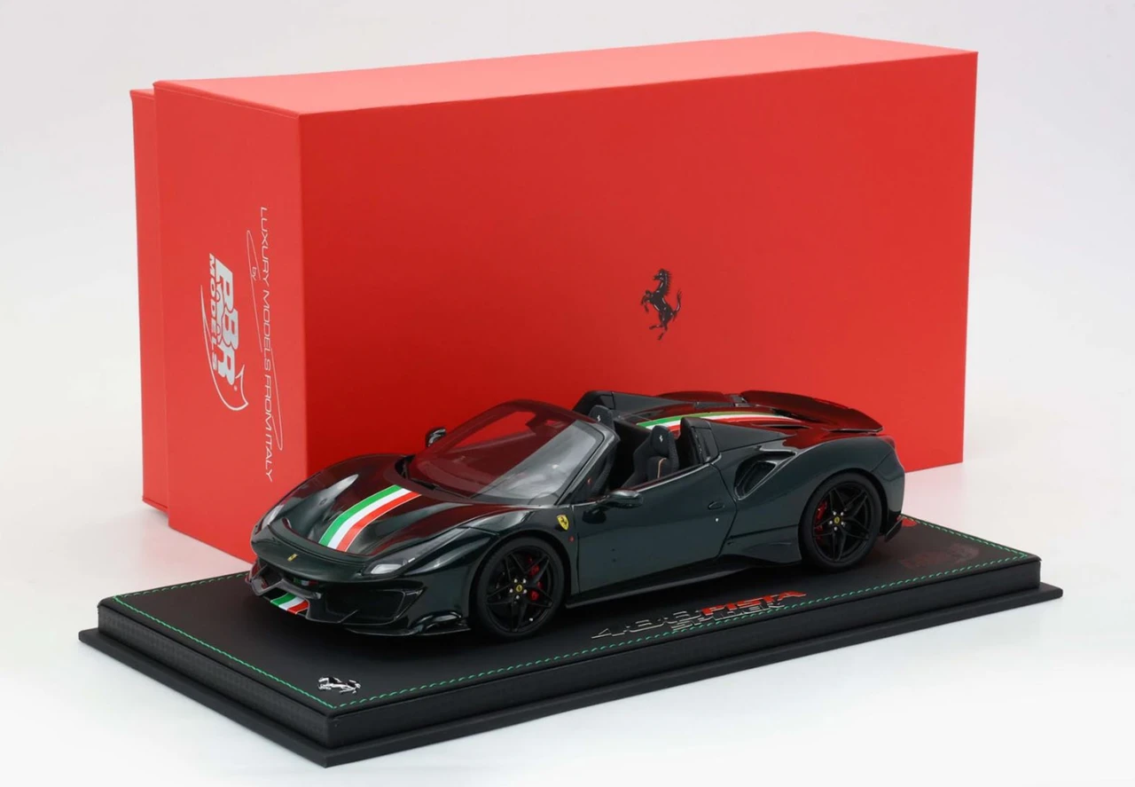 1/18 BBR Ferrari 488 Pista Spider (British Green with Two Yellow Stripes) Car Model Limited 48 Pieces
