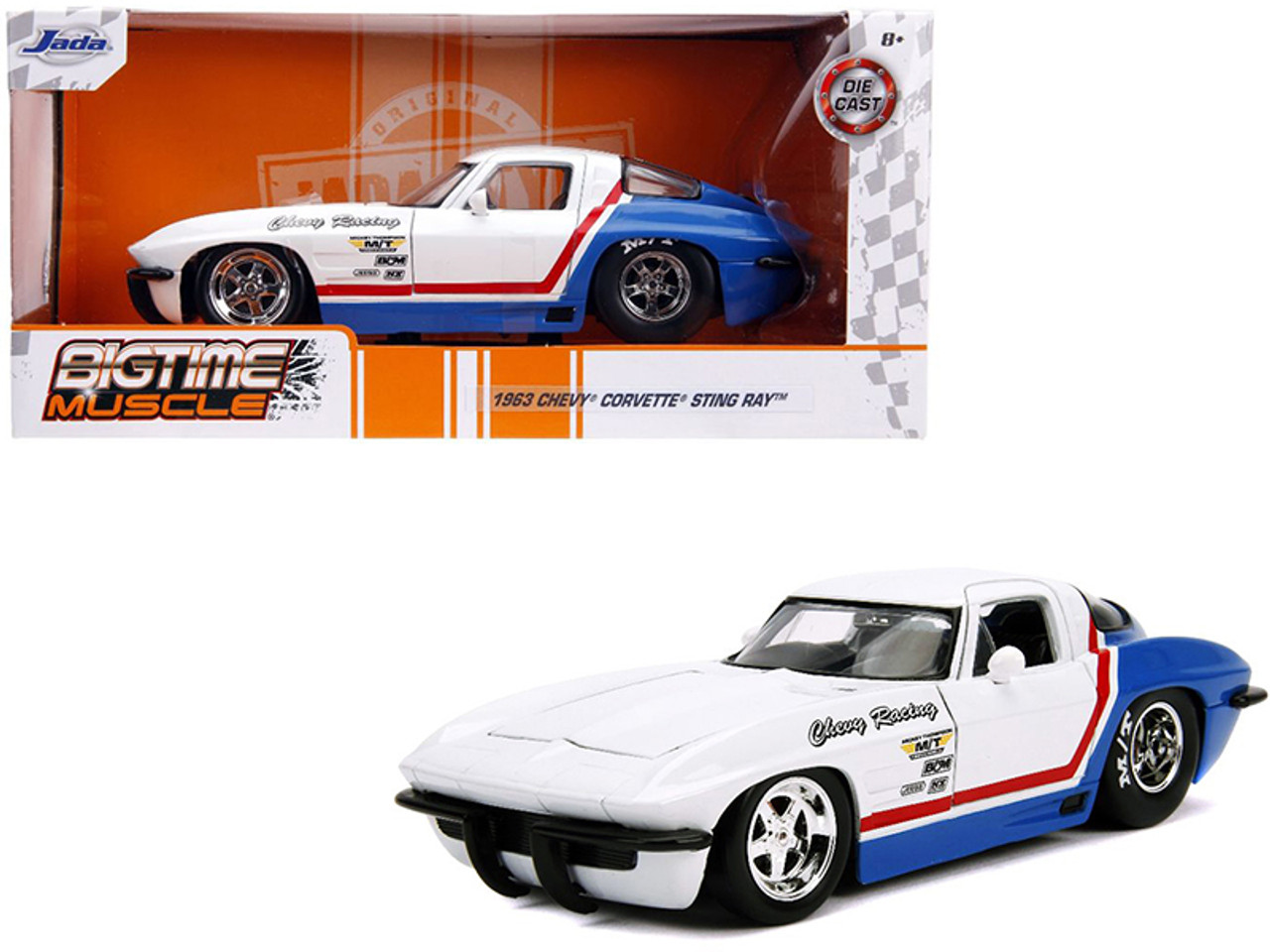 1963 Chevrolet Corvette Stingray White and Blue with Red Stripe "Chevy Racing" "Bigtime Muscle" 1/24 Diecast Model Car by Jada
