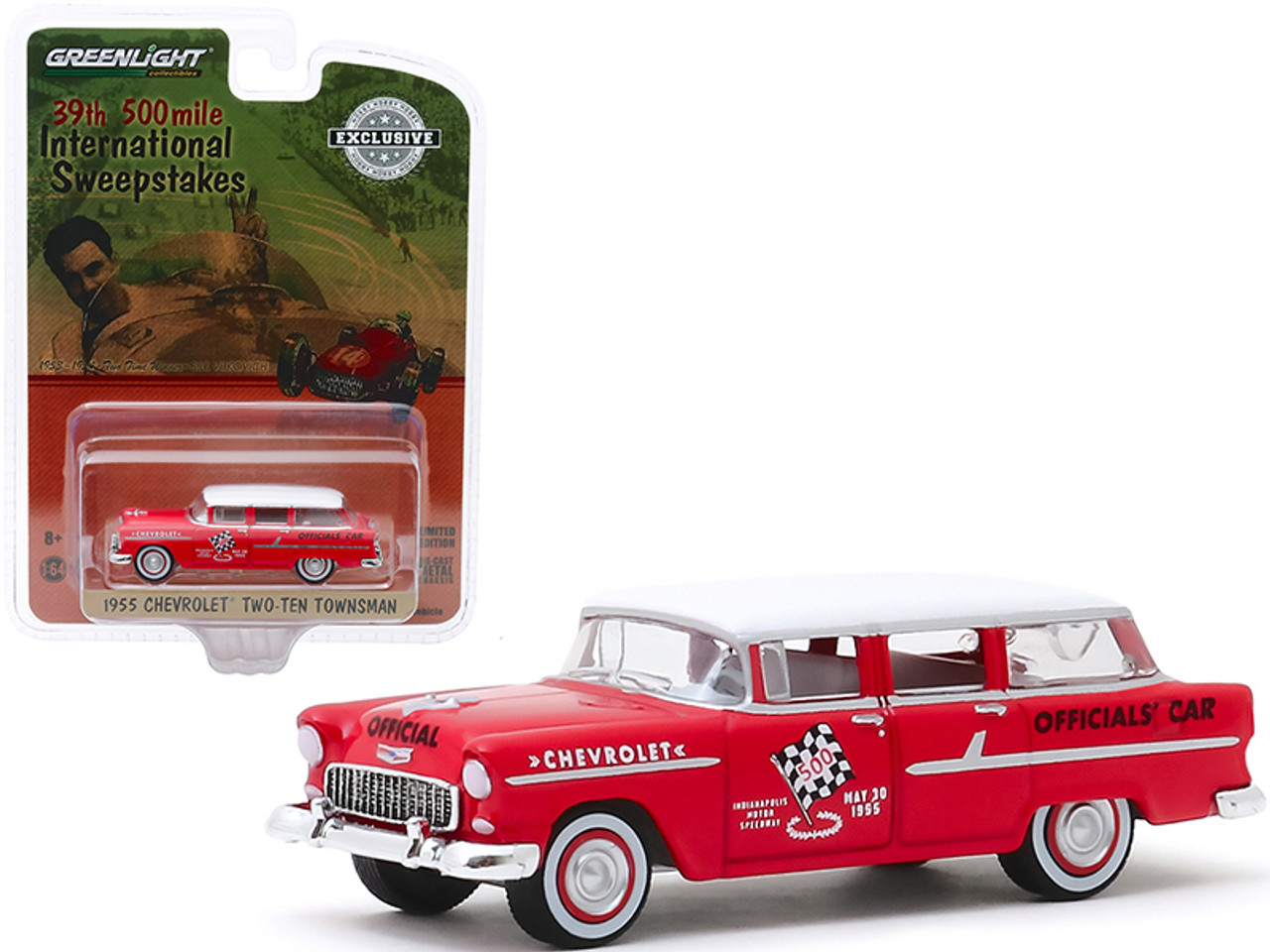 1955 Chevrolet Two-Ten Townsman Officials' Car Red with White Top "39th 500 Mile International Sweepstakes" "Hobby Exclusive" 1/64 Diecast Model Car by Greenlight