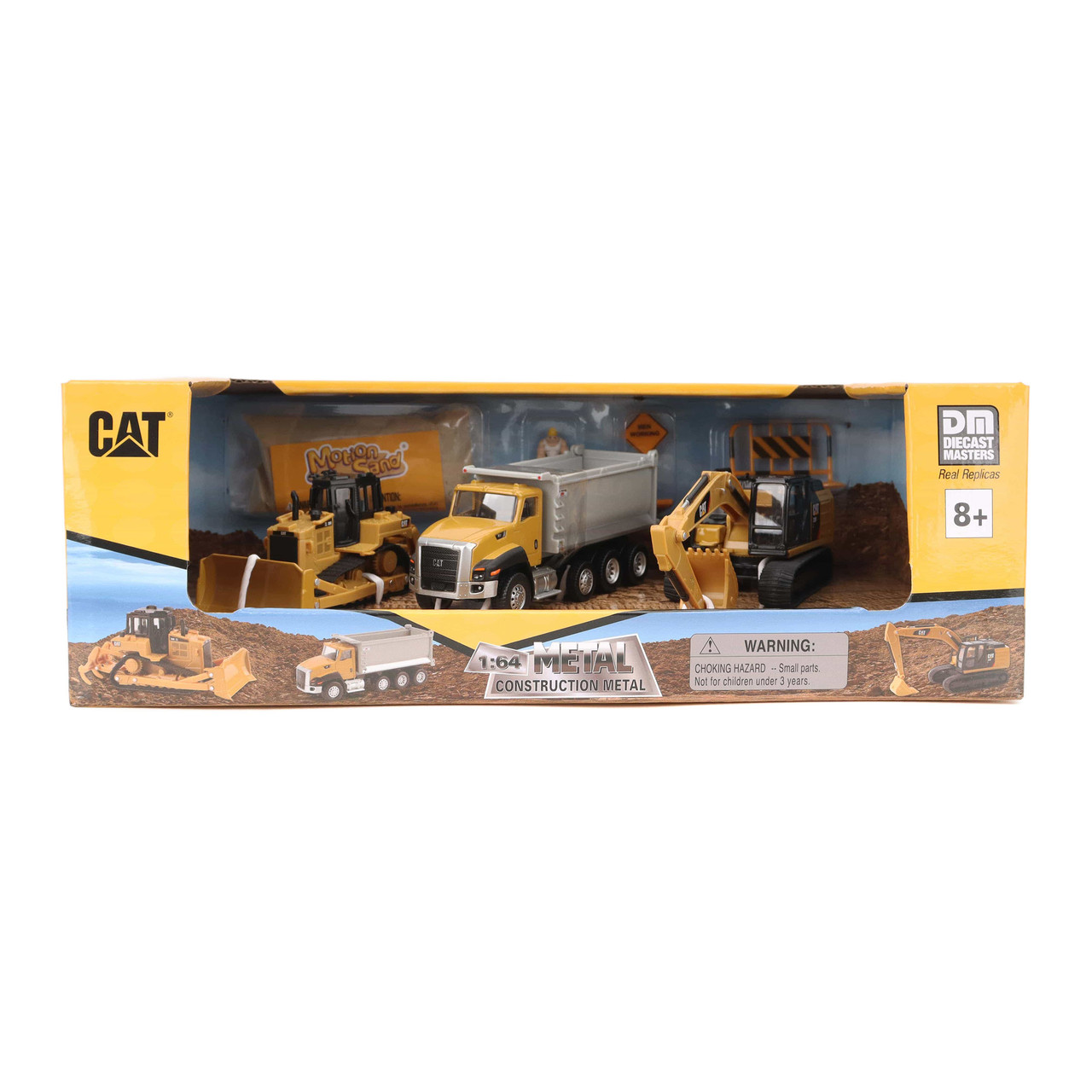 1/64 Diecast Masters CAT Diecast Models 3-Pack Playset CAT 320 Excavator + 660 Dump Truck + D6R BullDozer with Motion Sand & Other Accessories