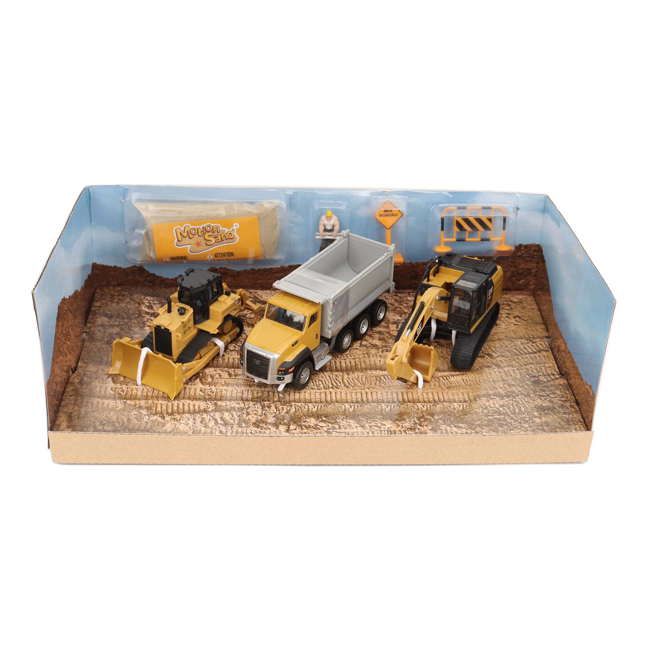 1/64 Diecast Masters CAT Diecast Models 3-Pack Playset CAT 320 Excavator + 660 Dump Truck + D6R BullDozer with Motion Sand & Other Accessories