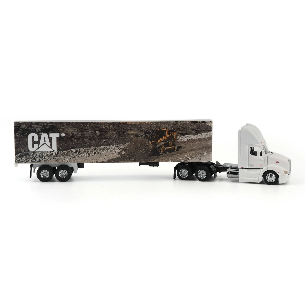 1/64 Diecast Masters Peterbilt with Caterpillar Mural Trailer (White) Diecast Models