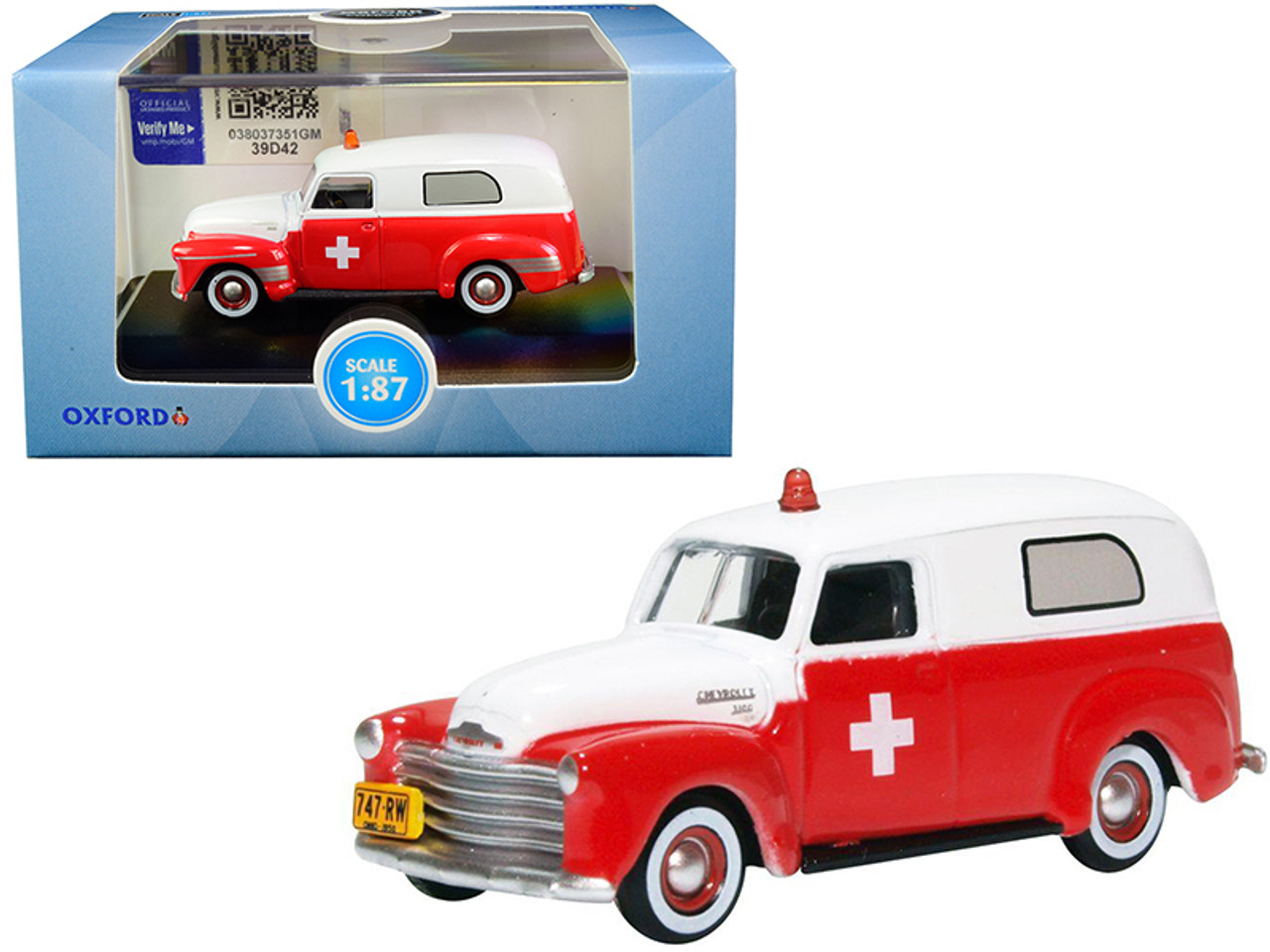 1950 Chevrolet Panel Van "Ambulance" Red and White 1/87 (HO) Scale Diecast Model Car by Oxford Diecast