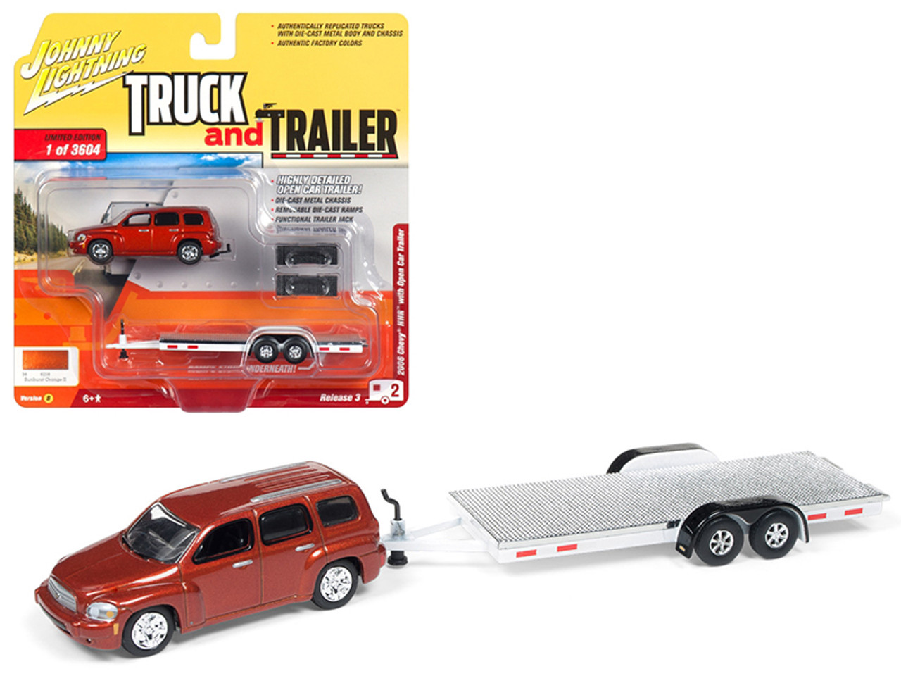 2006 Chevrolet HHR Daytona Metallic Orange with Chrome Open Car Trailer Limited Edition to 3,604 pieces Worldwide "Truck and Trailer" Series 3 1/64 Diecast Model Car by Johnny Lightning