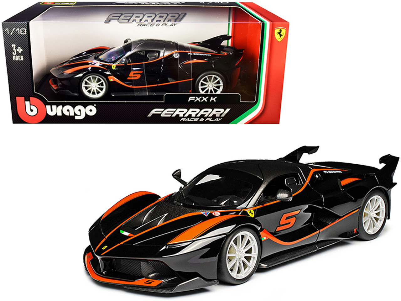 1/18 BBurago Ferrari FXX-K FXXK #5 Fu Songyang (Black with Gray Top and Orange Stripes) Diecast Car Model