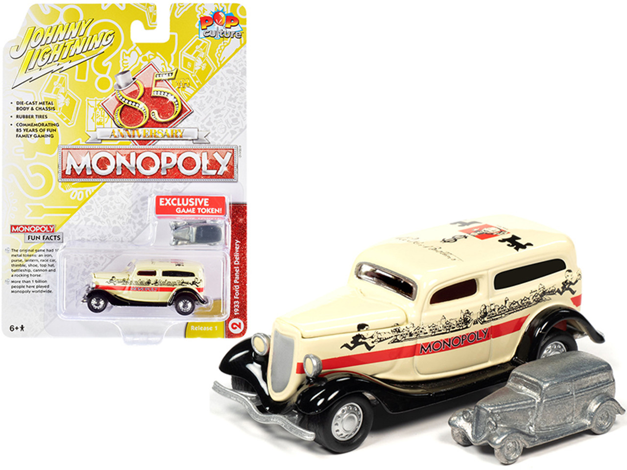 1933 Ford Panel Delivery Truck Yellow with Red Stripe and Game Token "Monopoly 85th Anniversary" "Pop Culture" Series 1/64 Diecast Model Car by Johnny Lightning