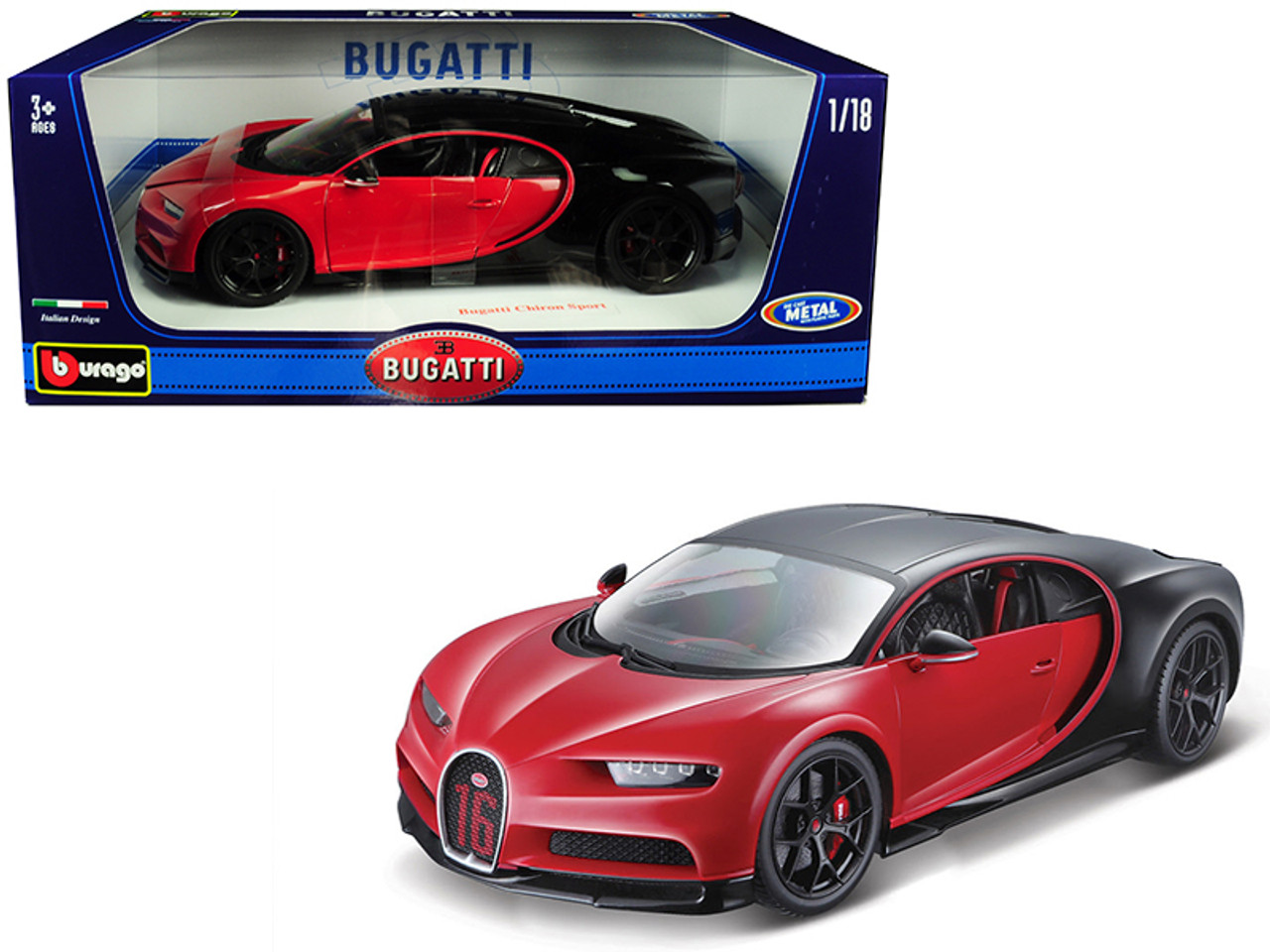 1/18 BBurago Bugatti Chiron Sport "16" (Red & Black) Diecast Car Model