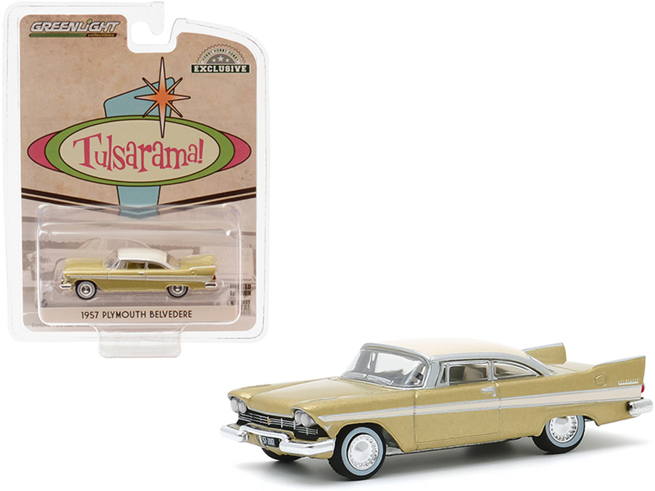 1957 Plymouth Belvedere Desert Gold with Sand Dune White Top Tulsa (Oklahoma) "Tulsarama" Underground Vault (1957) "Hobby Exclusive" 1/64 Diecast Model Car by Greenlight
