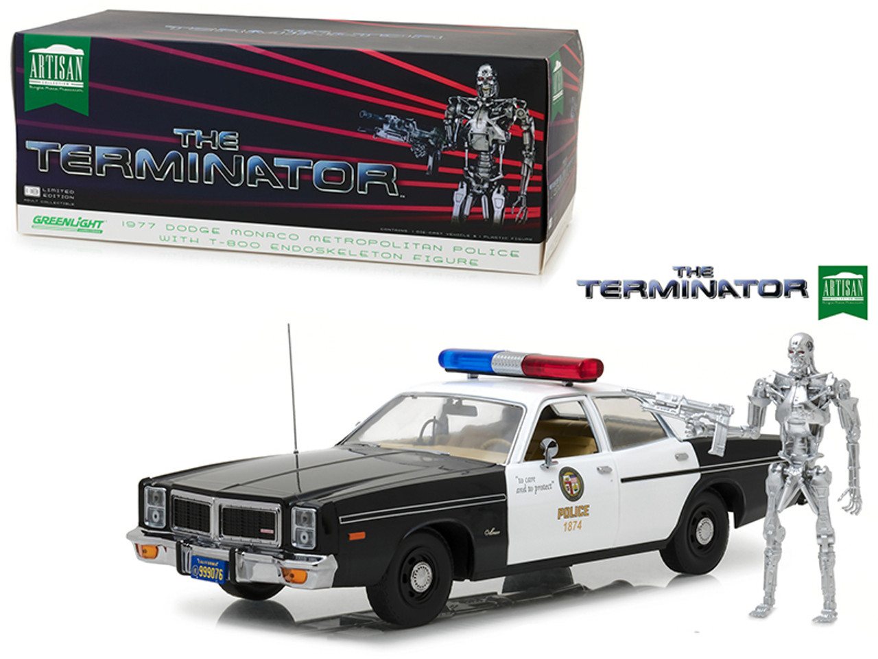 1/18 Greenlight 1977 Dodge Monaco Metropolitan Police with T-800 Endoskeleton Figure "The Terminator" (1984) Movie Diecast Car Model
