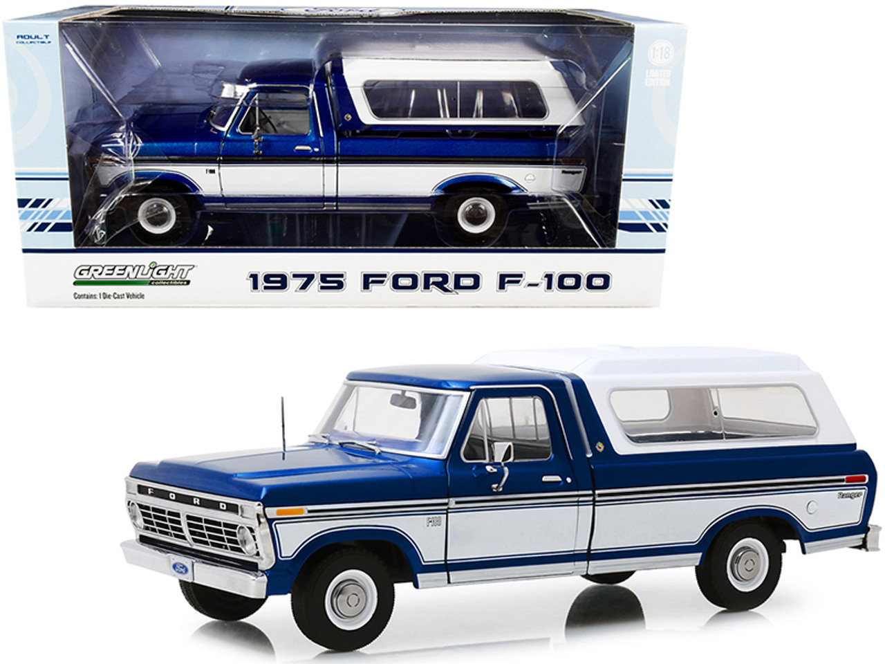 1975 Ford F-100 Ranger Pickup Truck with Deluxe Box Cover Midnight Blue Metallic and Wimbledon White 1/18 Diecast Model Car by Greenlight