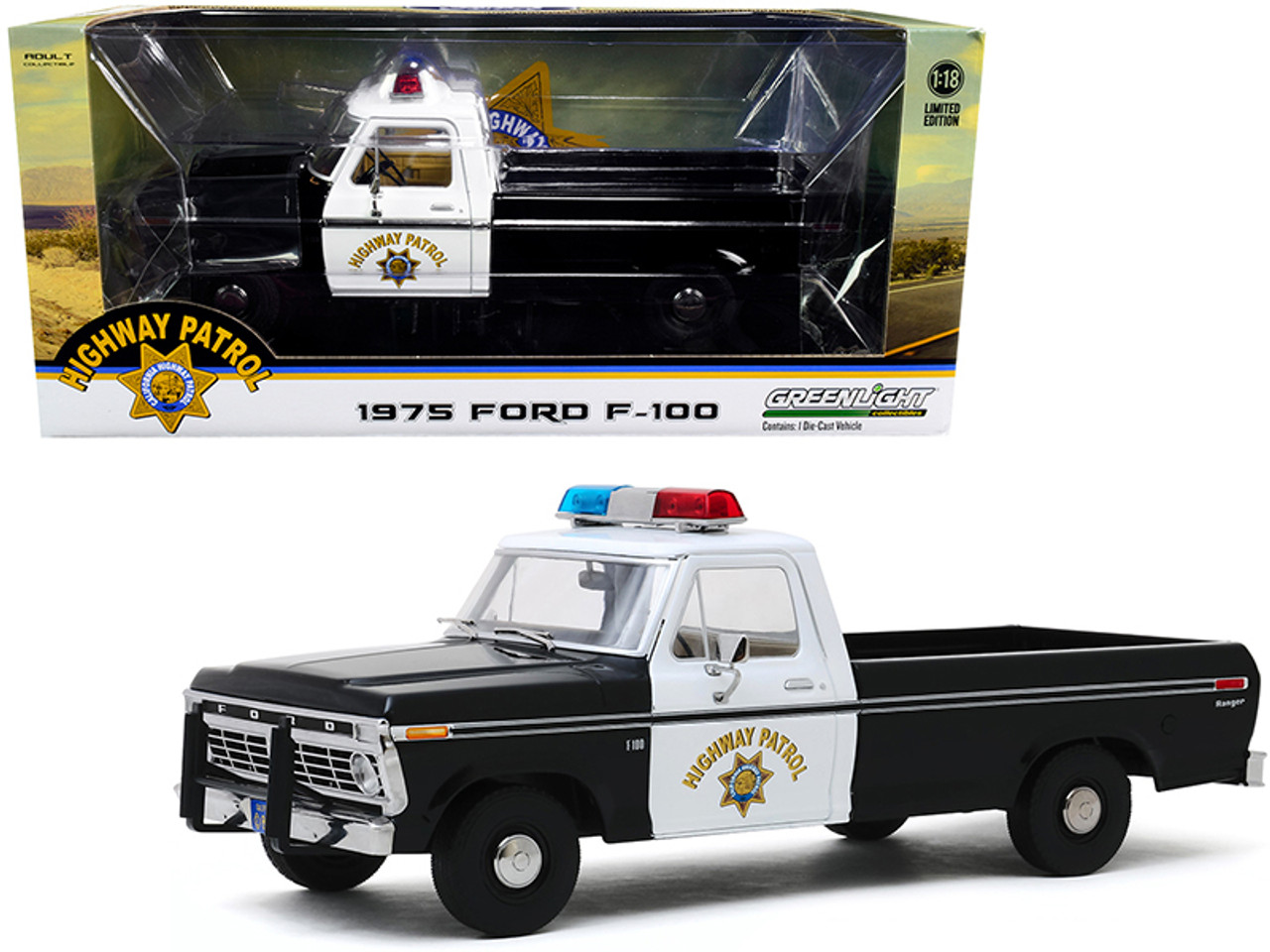 1975 Ford F-100 Pickup Truck "California Highway Patrol" (CHP) Black and White 1/18 Diecast Model Car by Greenlight