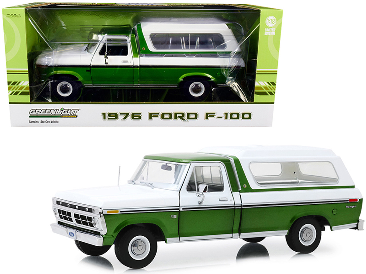 1/18 Greenlight 1976 Ford F-100 Ranger Pickup Truck with Deluxe Box Cover  Medium Green Glow Metallic and Wimbledon White Diecast Car Model