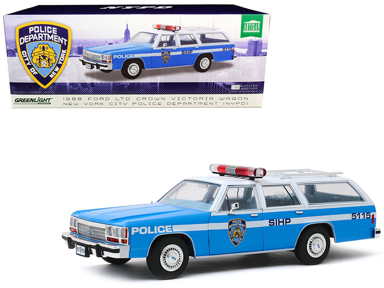 1988 Ford LTD Crown Victoria Wagon "NYPD" (New York City Police Department) Light Blue and White 1/18 Diecast Model Car by Greenlight