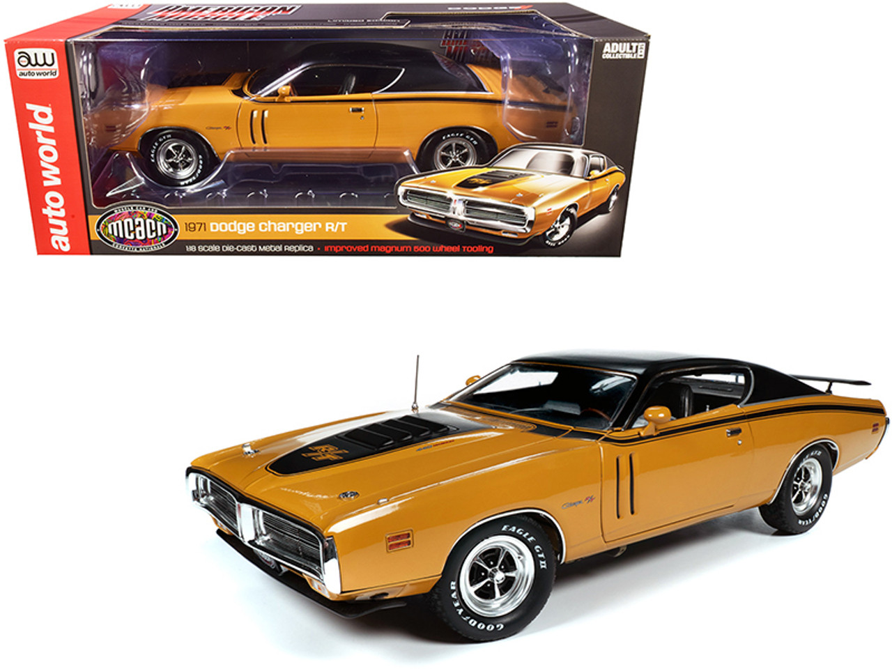 1971 Dodge Charger R/T Hardtop Butterscotch Orange with Black Top and Black Stripes "Muscle Car & Corvette Nationals" (MCACN) 1/18 Diecast Model Car by Autoworld