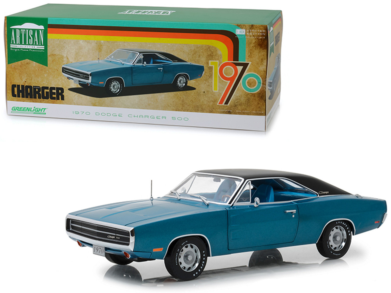 1970 Dodge Charger 500 Blue Metallic with Black Top and Blue Interior 1/18 Diecast Model Car by Greenlight
