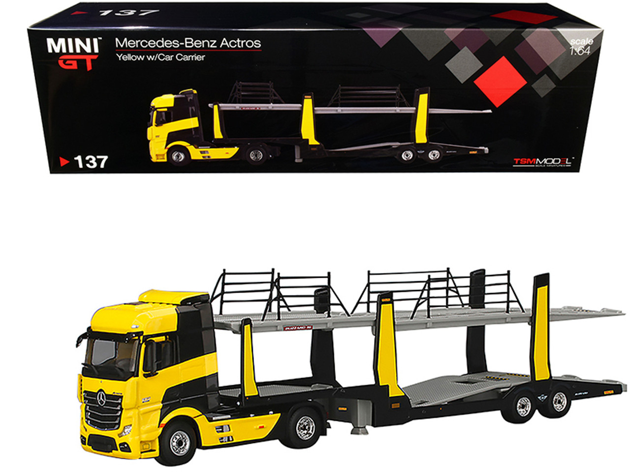 Mercedes Benz Actros with Car Carrier Trailer Transporter Yellow 1/64  Diecast Model by True Scale Miniatures