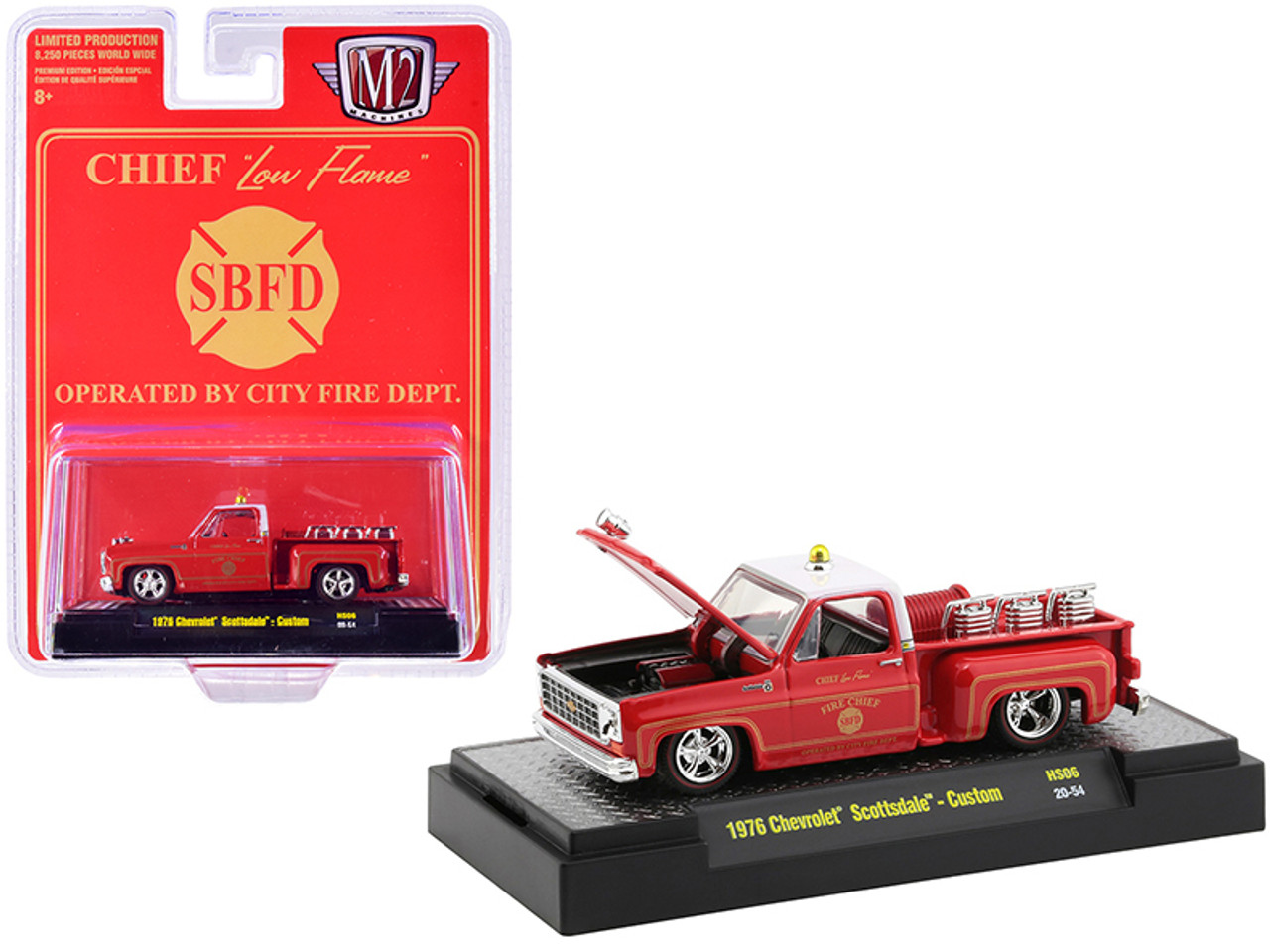 1976 Chevrolet Scottsdale Custom Square Body Fire Truck Red Fire Chief "Low Flame" "SBFD Operated by City Fire Department" Limited Edition to 8250 pieces Worldwide 1/64 Diecast Model Car by M2 Machines